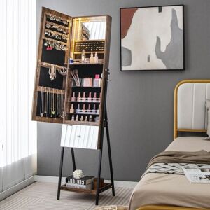 Costway - Freestanding Jewelry Organizer Jewelry Cabinet Armoire Lockable w/ Full-Length Frameless Mirror Rustic Brown