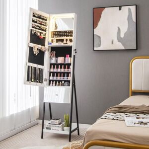 Costway - Freestanding Jewelry Organizer Jewelry Cabinet Armoire Lockable w/ Full-Length Frameless Mirror White