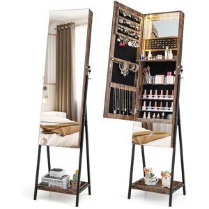 Costway - Jewelry Cabinet Armoire Lockable Freestanding Jewelry Organizer w/ Full-Length Frameless Mirror Rustic Brown