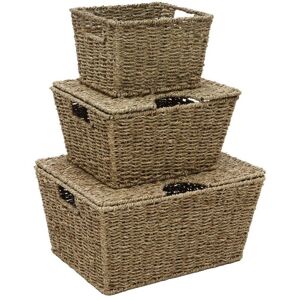 JVL - Hand Woven Seagrass Set of 3, Rectangular Lidded Storage Baskets