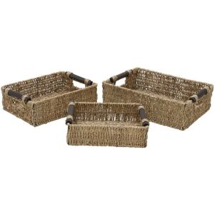 JVL - Hand Woven Seagrass Set of 3, Rectangular Storage Baskets with Wooden Handles