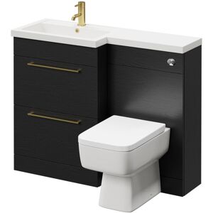 390 Combination Nero Oak 1100mm Vanity Unit Toilet Suite with Left Hand l Shaped 1 Tap Hole Basin and 2 Drawers with Brushed Brass Handles - Napoli