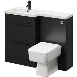 390 Combination Nero Oak 1100mm Vanity Unit Toilet Suite with Left Hand l Shaped 1 Tap Hole Basin and 2 Drawers with Matt Black Handles - Napoli