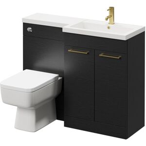 390 Combination Nero Oak 1100mm Vanity Unit Toilet Suite with Right Hand l Shaped 1 Tap Hole Basin and 2 Doors with Brushed Brass Handles - Napoli