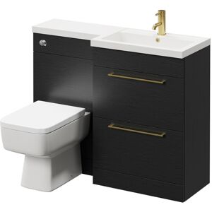 Napoli 390 Combination Nero Oak 1100mm Vanity Unit Toilet Suite with Right Hand L Shaped 1 Tap Hole Basin and 2 Drawers with Brushed Brass Handles