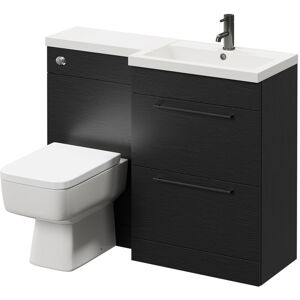 390 Combination Nero Oak 1100mm Vanity Unit Toilet Suite with Right Hand l Shaped 1 Tap Hole Basin and 2 Drawers with Gunmetal Grey Handles - Napoli