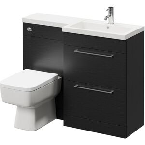 Napoli 390 Combination Nero Oak 1100mm Vanity Unit Toilet Suite with Right Hand L Shaped 1 Tap Hole Basin and 2 Drawers with Polished Chrome Handles