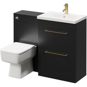 390 Nero Oak 1100mm Vanity Unit Toilet Suite with 1 Tap Hole Basin and 2 Drawers with Brushed Brass Handles - Napoli