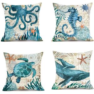 YMYNY Outdoor Cushion Cover 45x45cm, Set of 4 Waterproof Cushion Covers with Blue Sea Life Pattern for Sofa, Patio, Garden, Living Room, Bedroom,