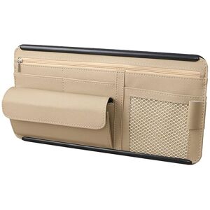 Memkey - pu Leather Car Sun Visor Organizer for Cards, Glasses, Multiple Pockets (Beige)