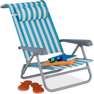 Relaxdays - reclining beach chair, sun lounger, headrest, adjustable, folding, armrest & bottle opener, blue/white, modern