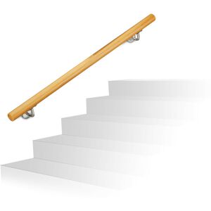Relaxdays Wooden Handrail, Beech, 1000 mm/100 cm/1 m, Wall-Mount, With Plugs, Rustic 42 mm Diameter, Natural Banister
