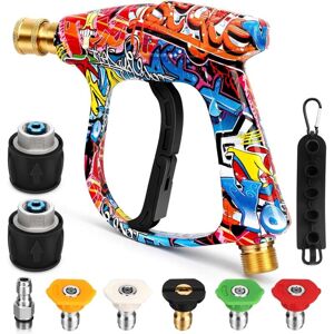 Gotrays - Short High Pressure Washer Gun with 5 Nozzles & 2 Hose Connectors, 4000PSI Cleaner Gun Car Wash Water Gun M22-14mm Water Inlet to 1/4'
