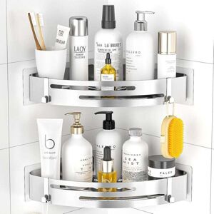 MUMU Shower shelf without drilling corners: Shower shelf stainless steel 2-pack shower basket self-adhesive with 4 hooks bathroom shelf for shower storage