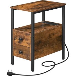 Hoobro - Side Table, Narrow Bedside Table with Charging Station, usb Ports & Power Outlets, Slim Side Table for Small Spaces, 2 Drawers, Industrial