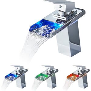 SHUNLI Waterfall Faucet, RGB 3 Color Changing with Temperature Sensor, 304 Stainless Steel Lighting, Hot and Cold Basin Mixer Tap, Chrome
