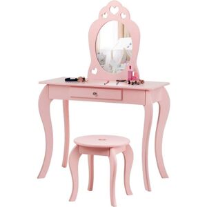Costway - 2 in 1 Kids Vanity Table and Chair Set Makeup Dressing Table Writing With Mirror Costway - 2 in 1 Kids Vanity Table and Chair Set Makeup Dressing Table Writing With Mirror