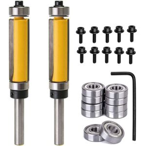SJQKA 2-Piece Flush Trim Router Bit Set with 1/4" Shank and Top and Bottom Bearings. Woodworking Cutting Tool with 10 Top-Mount Replacement Bearings. SJQKA 2-Piece Flush Trim Router Bit Set with 1/4" Shank and Top and Bottom Bearings. Woodworking Cutting Tool with 10 Top-Mount Replacement Bearings.