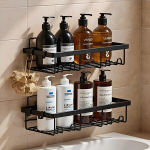 WOIYIC 2 Pieces Shower Caddy No Drilling, Shelf Holder Storage Organization with Hooks Bathroom Accessory for Gel and Shampoo for Bathroom Kitchen (Black) WOIYIC 2 Pieces Shower Caddy No Drilling, Shelf Holder Storage Organization with Hooks Bathroom Accessory for Gel and Shampoo for Bathroom Kitchen (Black)
