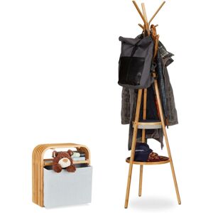 RELAXDAYS 2-piece coat stand set, coat stand with shelf, storage stool, made of bamboo, coat rack, seat, natural/grey RELAXDAYS 2-piece coat stand set, coat stand with shelf, storage stool, made of bamboo, coat rack, seat, natural/grey