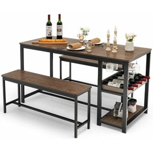 Costway - 3PCS Dining Table Set Kitchen Table & 2 Benches w/ Storage Shelf Wine Rack Costway - 3PCS Dining Table Set Kitchen Table & 2 Benches w/ Storage Shelf Wine Rack