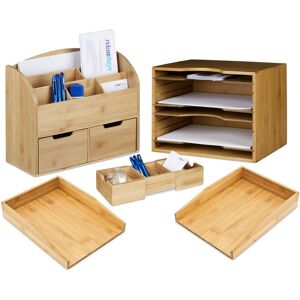 RELAXDAYS 5-piece XXL bamboo desk set, 2 letter trays for A4, 2 organisers with compartments, business card organiser, natural RELAXDAYS 5-piece XXL bamboo desk set, 2 letter trays for A4, 2 organisers with compartments, business card organiser, natural