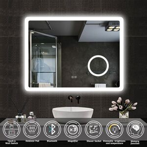 Acezanble - Bluetooth Bathroom led Mirror with Shaver Socket, Wall Mounted led Bluetooth Bathroom Mirror with 3 Colors Lighting Modes, Dimmable & Acezanble - Bluetooth Bathroom led Mirror with Shaver Socket, Wall Mounted led Bluetooth Bathroom Mirror with 3 Colors Lighting Modes, Dimmable &