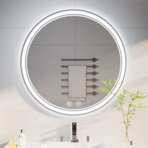 BIGZZIA 60cm Round with LED Lights Circular Bathroom Mirror Illuminated Anti-Fog Backlit Light Up Circle Mirror 3 LED Color Change Demister IP44 BIGZZIA 60cm Round with LED Lights Circular Bathroom Mirror Illuminated Anti-Fog Backlit Light Up Circle Mirror 3 LED Color Change Demister IP44