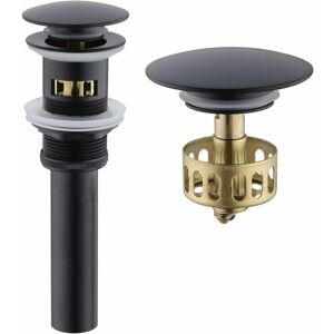 Trimec - Bonde escamotable avec panier-filtre, bouchon de vidange d'évier de salle de bain avec anneau de trop-plein, noir mat Trimec - Bonde escamotable avec panier-filtre, bouchon de vidange d'évier de salle de bain avec anneau de trop-plein, noir mat