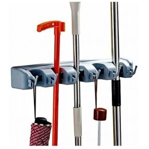 Tumalagia - Broom Holder Wall Mounted Mop Holder with Hook with 5 Slots and 6 Hooks Tumalagia - Broom Holder Wall Mounted Mop Holder with Hook with 5 Slots and 6 Hooks