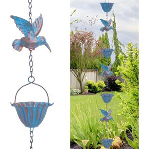 TONCHEAN Cadena de lluvia con forma de colibrí de 2,44 m de largo: cadena metálica retro en azul, 7 pájaros y 7 vasos para canalones, decoración de jardín y TONCHEAN Cadena de lluvia con forma de colibrí de 2,44 m de largo: cadena metálica retro en azul, 7 pájaros y 7 vasos para canalones, decoración de jardín y