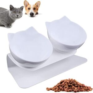 Memkey - Cat Bowl, Double Cat Bowl, 15° Tilting Support, Non-Slip, to Relieve Pet Neck Pain, for Small Cats and Dogs (White) Memkey - Cat Bowl, Double Cat Bowl, 15° Tilting Support, Non-Slip, to Relieve Pet Neck Pain, for Small Cats and Dogs (White)
