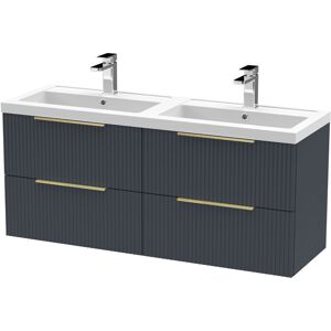 BALTERLEY Fluted Front Wall Hung 4-Drawer Bathroom Vanity Unit with Double Basin, 1200mm, Satin Dark Grey, Brushed Brass Handles BALTERLEY Fluted Front Wall Hung 4-Drawer Bathroom Vanity Unit with Double Basin, 1200mm, Satin Dark Grey, Brushed Brass Handles
