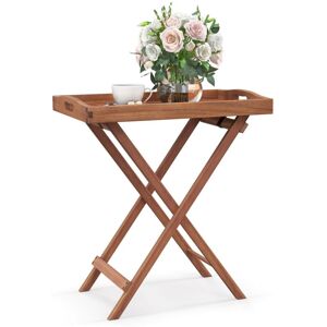 Costway - Patio Wooden Side Table Outdoor & Indoor Folding End Table w/Tea Tray Costway - Patio Wooden Side Table Outdoor & Indoor Folding End Table w/Tea Tray