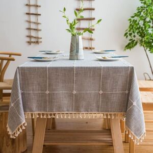 TINOR Washable Cotton Linen Tablecloth, Rectangular Dustproof Tablecloth with Tassels for Kitchen Decoration (Gray Checkered, Rectangular/Oval, 140 x 260 TINOR Washable Cotton Linen Tablecloth, Rectangular Dustproof Tablecloth with Tassels for Kitchen Decoration (Gray Checkered, Rectangular/Oval, 140 x 260
