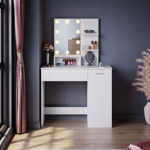 Elegant - Bedroom Furniture White Dressing Table with Mirror, Storage Compartment, 1 Drawer, 2 Shelves Vanity Single Table and led Mirror Lights Elegant - Bedroom Furniture White Dressing Table with Mirror, Storage Compartment, 1 Drawer, 2 Shelves Vanity Single Table and led Mirror Lights