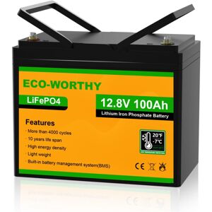 Eco-worthy - 100Ah 12V LiFePO4 Battery Emergency Power Backup Rechargeable Lithium Iron Phosphate with 3000+ Deep Cycles and bms Protection, Perfect Eco-worthy - 100Ah 12V LiFePO4 Battery Emergency Power Backup Rechargeable Lithium Iron Phosphate with 3000+ Deep Cycles and bms Protection, Perfect