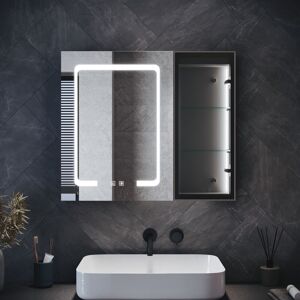 ELEGANT Bathroom LED Anti-Fog Mirror Cabinet with Glass Shelves, Dimmable LED Illumiated, Built-in Ambient Lighting, Shaver Socket, Hemp Black, ELEGANT Bathroom LED Anti-Fog Mirror Cabinet with Glass Shelves, Dimmable LED Illumiated, Built-in Ambient Lighting, Shaver Socket, Hemp Black,