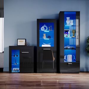 Black Display Cabinet Set High Gloss Living Room Set Bookcase Sideboard Cupboard Tall Storage Cabinet with Multicolour led Light - Elegant Black Display Cabinet Set High Gloss Living Room Set Bookcase Sideboard Cupboard Tall Storage Cabinet with Multicolour led Light - Elegant