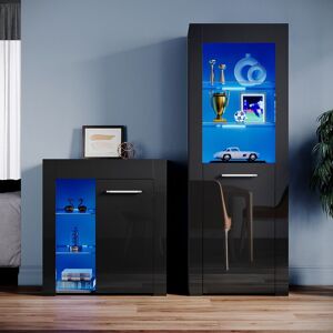 Black Display Cabinet Set High Gloss Living Room Set Bookcase Sideboard Cupboard with Multicolour led Light - Elegant Black Display Cabinet Set High Gloss Living Room Set Bookcase Sideboard Cupboard with Multicolour led Light - Elegant