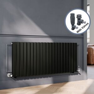 ELEGANT Black Flat Panel Central Heating Radiator with Anthracite Angled Thermostatic Radiator Valves 600 x 1428mm Horizontal Double Panel Rads ELEGANT Black Flat Panel Central Heating Radiator with Anthracite Angled Thermostatic Radiator Valves 600 x 1428mm Horizontal Double Panel Rads