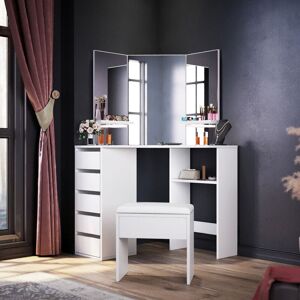 Elegant - Corner Dressing Table Set, Makeup Desk with 3 Angle Mirror and 5 Drawers, White Vanity Table for Girls Elegant - Corner Dressing Table Set, Makeup Desk with 3 Angle Mirror and 5 Drawers, White Vanity Table for Girls