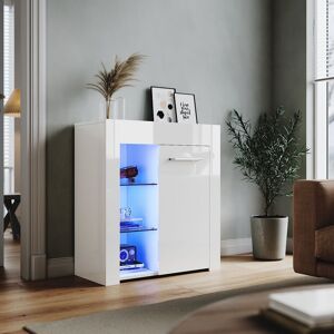 ELEGANT Display Cabinet 1 Door Modern LED Lights High Gloss Sideboard in White, 750 x 350 x 830 mm Storage Cabinet with 5mm Tempered Glass Shelves ELEGANT Display Cabinet 1 Door Modern LED Lights High Gloss Sideboard in White, 750 x 350 x 830 mm Storage Cabinet with 5mm Tempered Glass Shelves