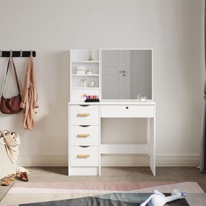 Elegant - Dressing Table, Vanity Makeup Desk Slid Mirror and 5 Drawers 2 Shelves, White Single Table Elegant - Dressing Table, Vanity Makeup Desk Slid Mirror and 5 Drawers 2 Shelves, White Single Table