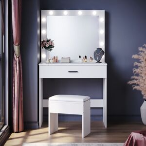 ELEGANT Dressing Table with LED Lights, Vanity Table 3 Color Moder Makeup Mirror with Sliding Drawer, White Set Cushioned Stool included ELEGANT Dressing Table with LED Lights, Vanity Table 3 Color Moder Makeup Mirror with Sliding Drawer, White Set Cushioned Stool included