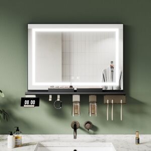 ELEGANT Modern Bathroom LED Mirrors with Anti-Fog Black Storage Shelf and Dimmable 3-Color Lighting, 700x500mm ELEGANT Modern Bathroom LED Mirrors with Anti-Fog Black Storage Shelf and Dimmable 3-Color Lighting, 700x500mm