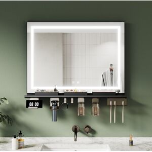 ELEGANT Modern Bathroom LED Mirrors with Anti-Fog Black Storage Shelf and Dimmable 3-Color Lighting, 800x600mm ELEGANT Modern Bathroom LED Mirrors with Anti-Fog Black Storage Shelf and Dimmable 3-Color Lighting, 800x600mm