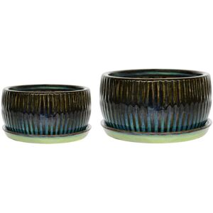 Ivyline - Round Reactive Glaze Bonsai Planter Set of 2 - Cement - L24.5 x W24.5 x H12 cm - Emerald Ivyline - Round Reactive Glaze Bonsai Planter Set of 2 - Cement - L24.5 x W24.5 x H12 cm - Emerald