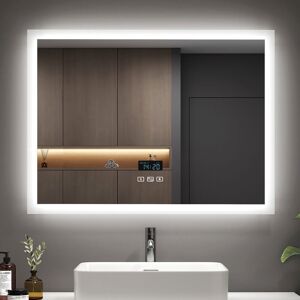 Backlit Illuminated Bluetooth Bathroom Mirror with Shaver Socket, 800x600mm Bathroom Mirror with Fuse, Demister, Clock - Emke Backlit Illuminated Bluetooth Bathroom Mirror with Shaver Socket, 800x600mm Bathroom Mirror with Fuse, Demister, Clock - Emke