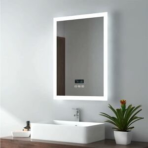Backlit Illuminated Bluetooth Bathroom Mirror with Shaver Socket, 500x700mm Bathroom Mirror with Demister, Clock, 3 Color - Emke Backlit Illuminated Bluetooth Bathroom Mirror with Shaver Socket, 500x700mm Bathroom Mirror with Demister, Clock, 3 Color - Emke